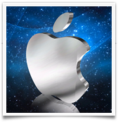 Silver Apple logo in a dark blue background